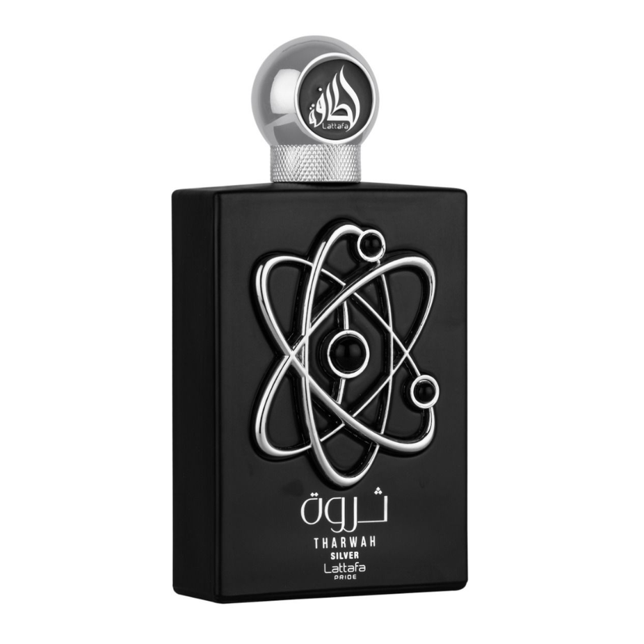 Lattafa Pride Tharwah Silver EDP 100mL perfume bottle with sleek silver packaging and elegant design.