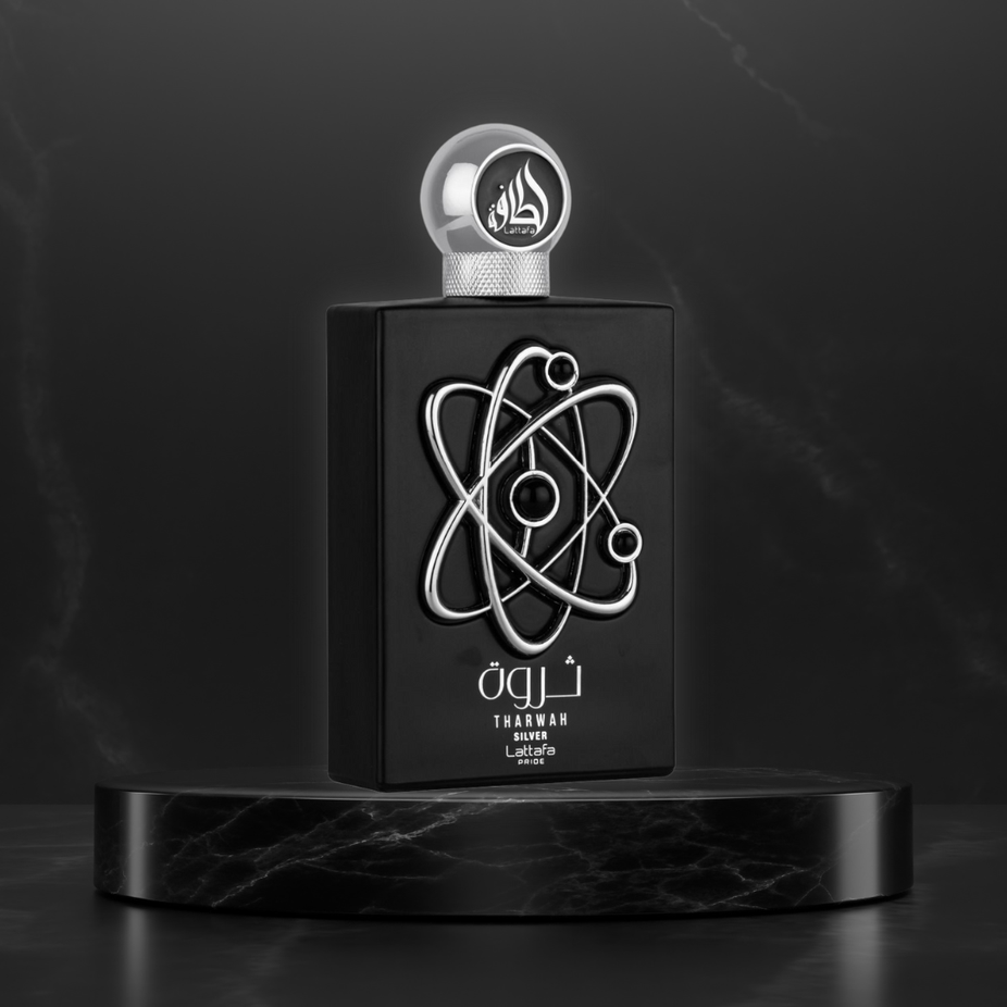 Lattafa Pride Tharwah Silver EDP Eau De Parfum 100mL bottle with sleek silver packaging and elegant design.