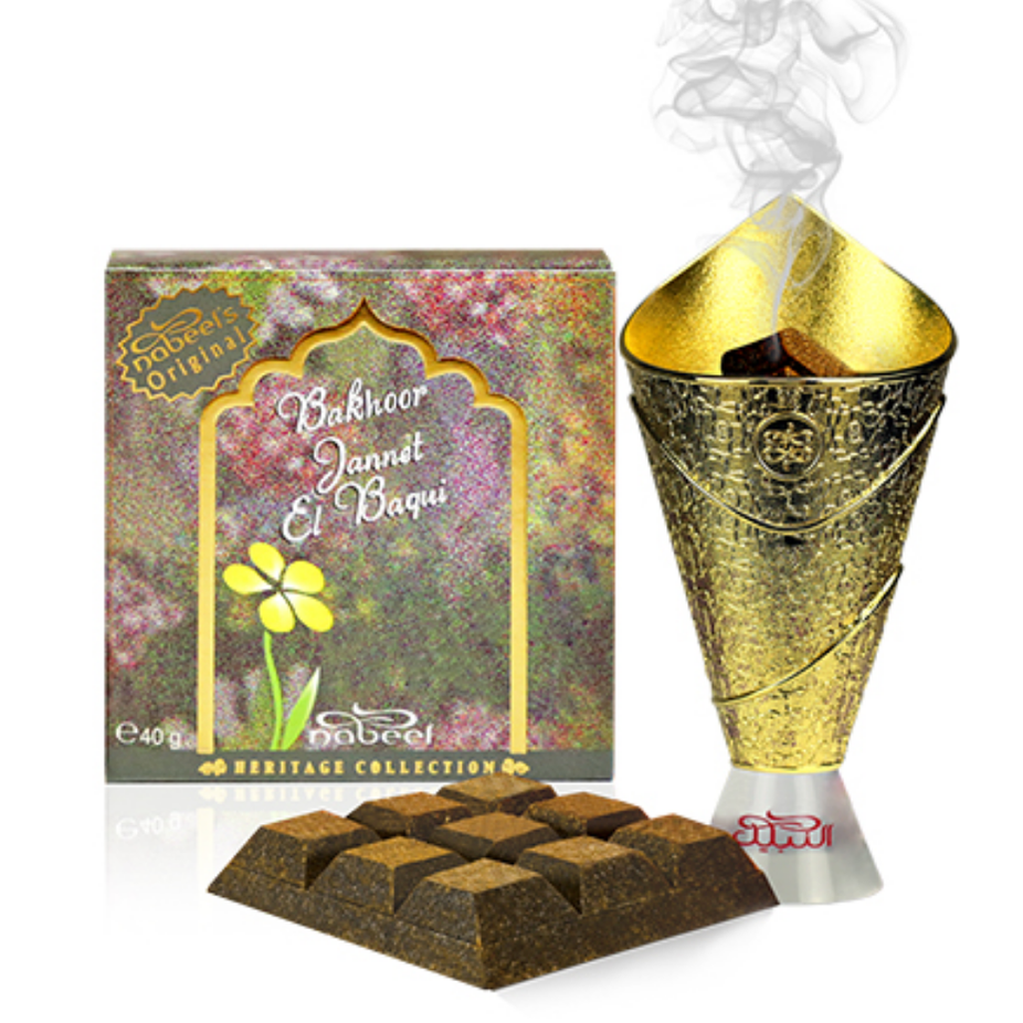 Bakhoor Jannet El Baqui by Nabeel Perfumes in a 40g container, showcasing traditional incense with decorative packaging.
