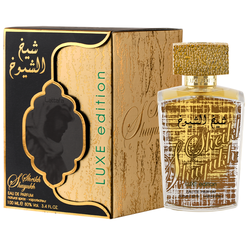 Intense Oud Sheikh Al Shuyukh Luxe 100ML unisex EDP perfume bottle with elegant design, by Lattafa and Folie, for men and women.