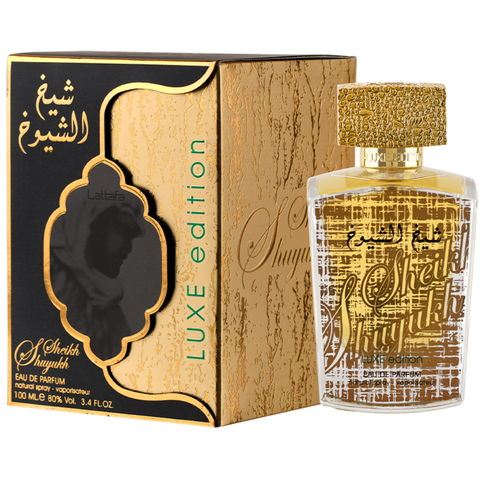 Intense Oud Sheikh Al Shuyukh Luxe 100ML unisex EDP perfume bottle with elegant design, by Lattafa and Folie, for men and women.