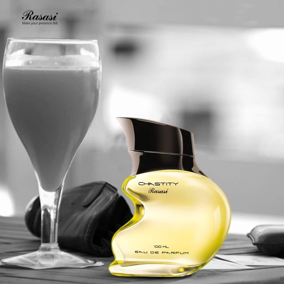 Rasasi Chastity for Men Eau De Parfum 100ml bottle with pouch, featuring sleek packaging and elegant fragrance display.