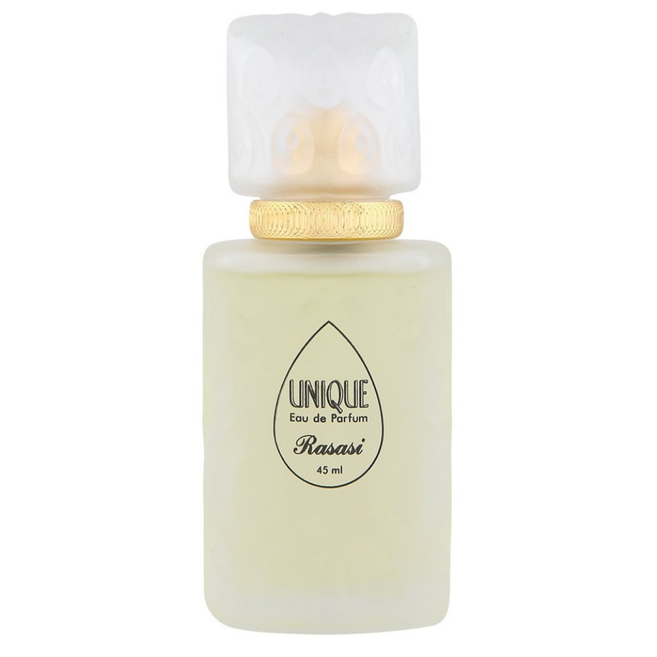 Rasasi Unique EDP 45ml perfume with velvet pouch, featuring the elegant glass bottle and luxurious packaging.