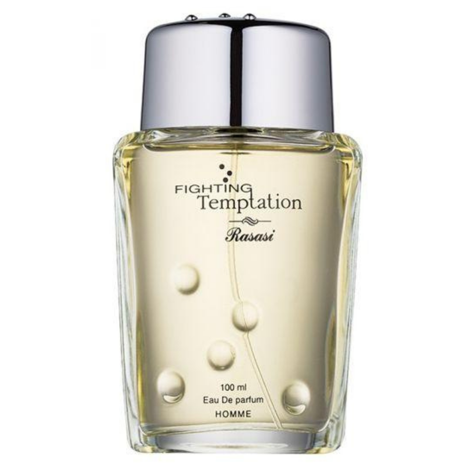 Rasasi Fighting Temptation Eau De Parfum 100ml bottle with velvet pouch, featuring elegant packaging and fragrance details.