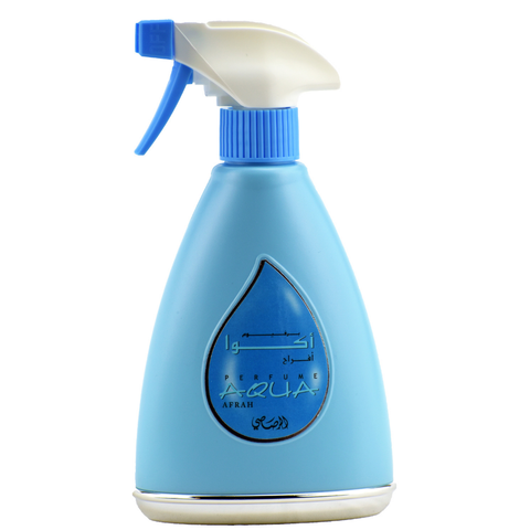 Aqua Afrah air freshener by Rasasi in a 375ml bottle with a luxurious velvet pouch, showcasing the elegant packaging.
