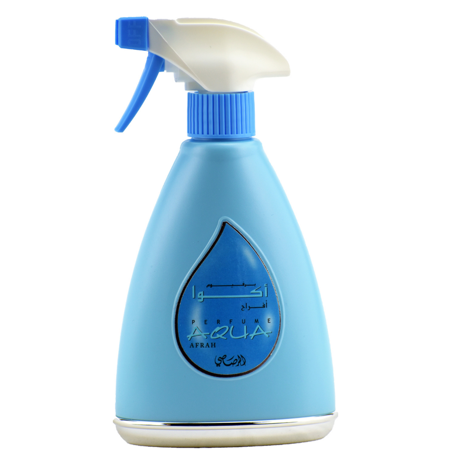 Aqua Afrah air freshener by Rasasi in a velvet pouch, 375ml bottle with floral and citrus fragrance visible on the label.