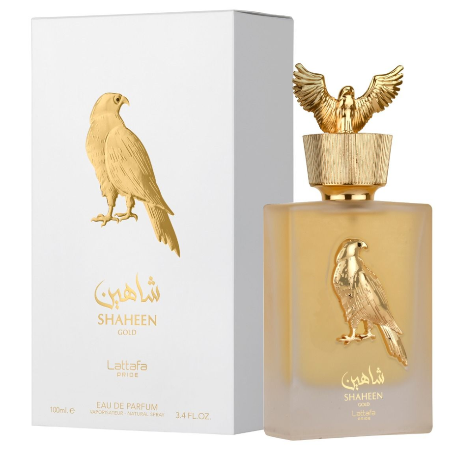 Lattafa Pride Shaheen Gold Eau de Parfum spray 100ml with gold packaging and elegant bottle design.