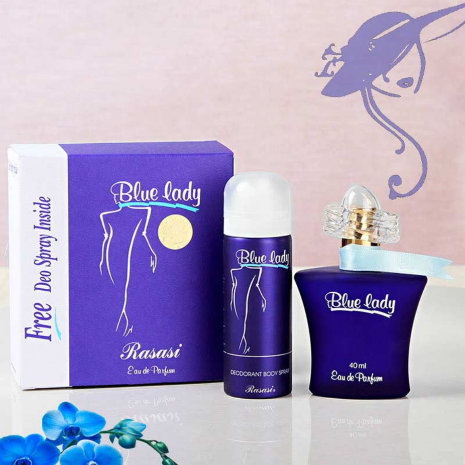 Bundle featuring Blue Lady with Deo EDP by Rasasi, 40ML, showing the perfume bottle and matching deodorant in a sleek package.