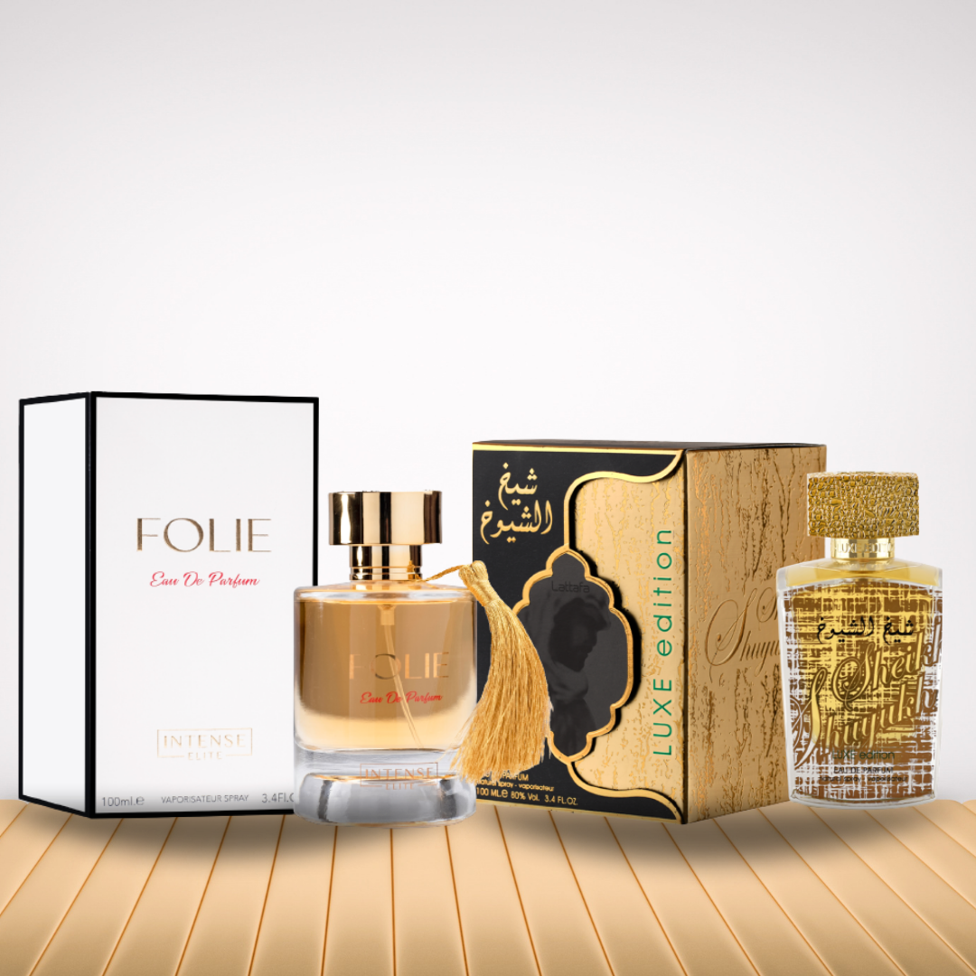 Intense Oud Sheikh Al Shuyukh Luxe 100ML unisex Eau de Parfum bottle from Lattafa and Folie, featuring elegant packaging design.