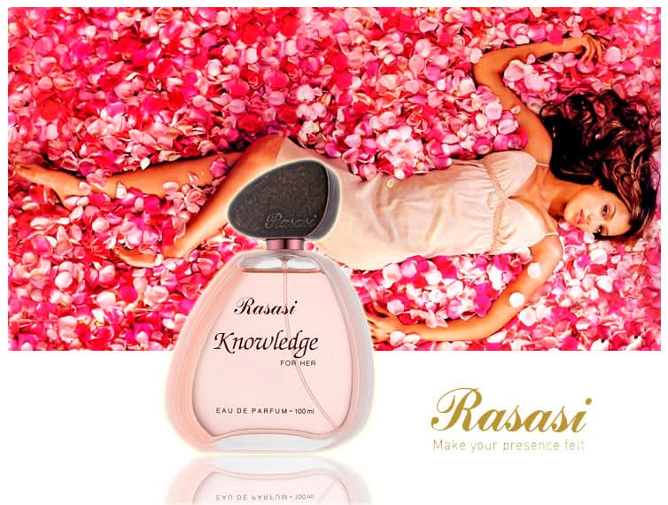 Rasasi Knowledge for Women Eau De Parfum 100ML bottle with floral and fruity scent details, elegant packaging.
