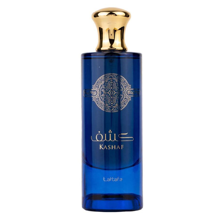 Lattafa Kashaf EDP unisex perfume bottle, 100ml (3.4 oz), elegant glass container with fragrance spray top.
