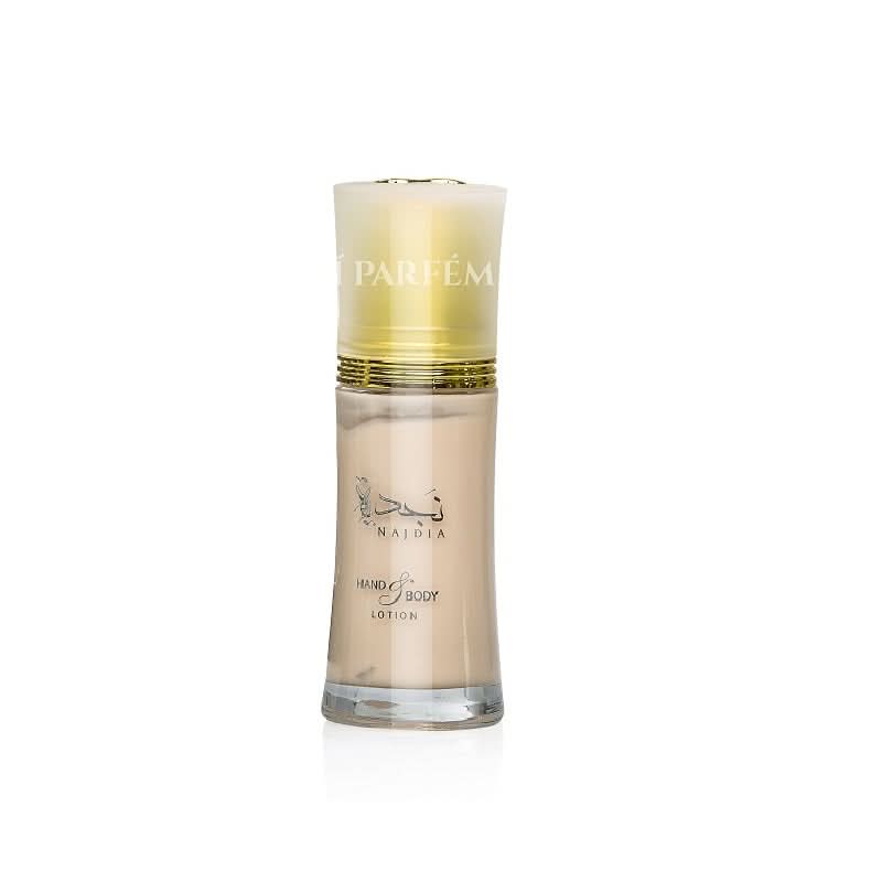 Najdia Lotion by Ard Al Zaafaran, 50GMS (1.7oz), featuring a sleek bottle with a pump dispenser, showcasing the product's elegant packaging.