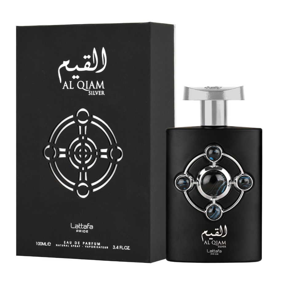Al Qiam Silver EDP by Lattafa Pride 100mL perfume bottle with sleek silver packaging and elegant design.