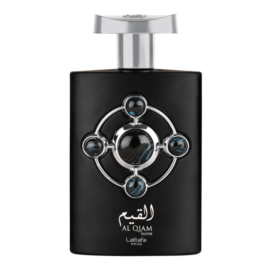 Al Qiam Silver EDP by Lattafa Pride, 100mL Eau De Parfum bottle with sleek silver design and clear cap.
