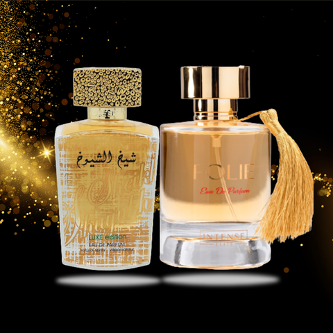 Intense Oud Sheikh Al Shuyukh Luxe 100ML EDP perfume bottle, elegant design for unisex fragrance by Lattafa and Folie.