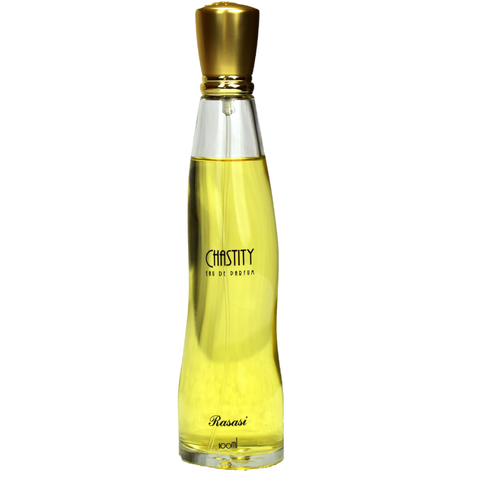 Rasasi Chastity Women EDP Eau De Parfum 100ml with pouch, showcasing the elegant perfume bottle and packaging.