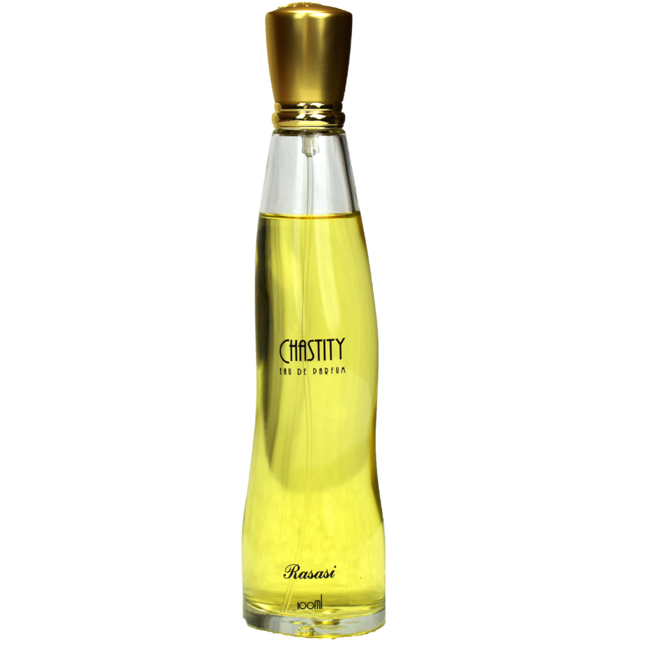 Rasasi Chastity Women Eau De Parfum 100ml with pouch, elegant bottle showcasing floral and woody notes in a luxurious design