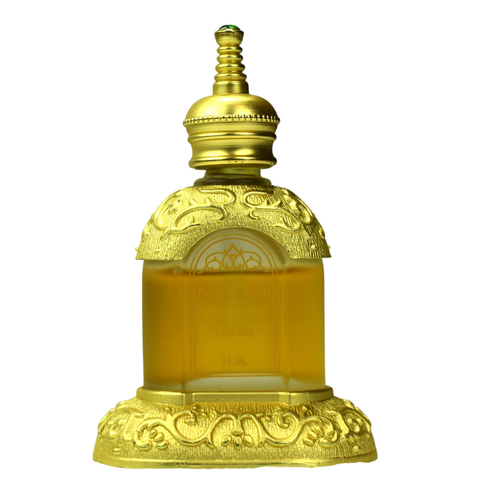 Amber Ood perfume oil by Rasasi in a 14 ML bottle, displayed alongside a velvet pouch, showcasing the concentrated perfume oil.
