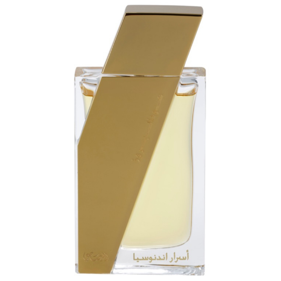 Rasasi Boruzz Asrar Indonesia EDP 50ML with velvet pouch, floral and woody fragrance in a sleek glass bottle.