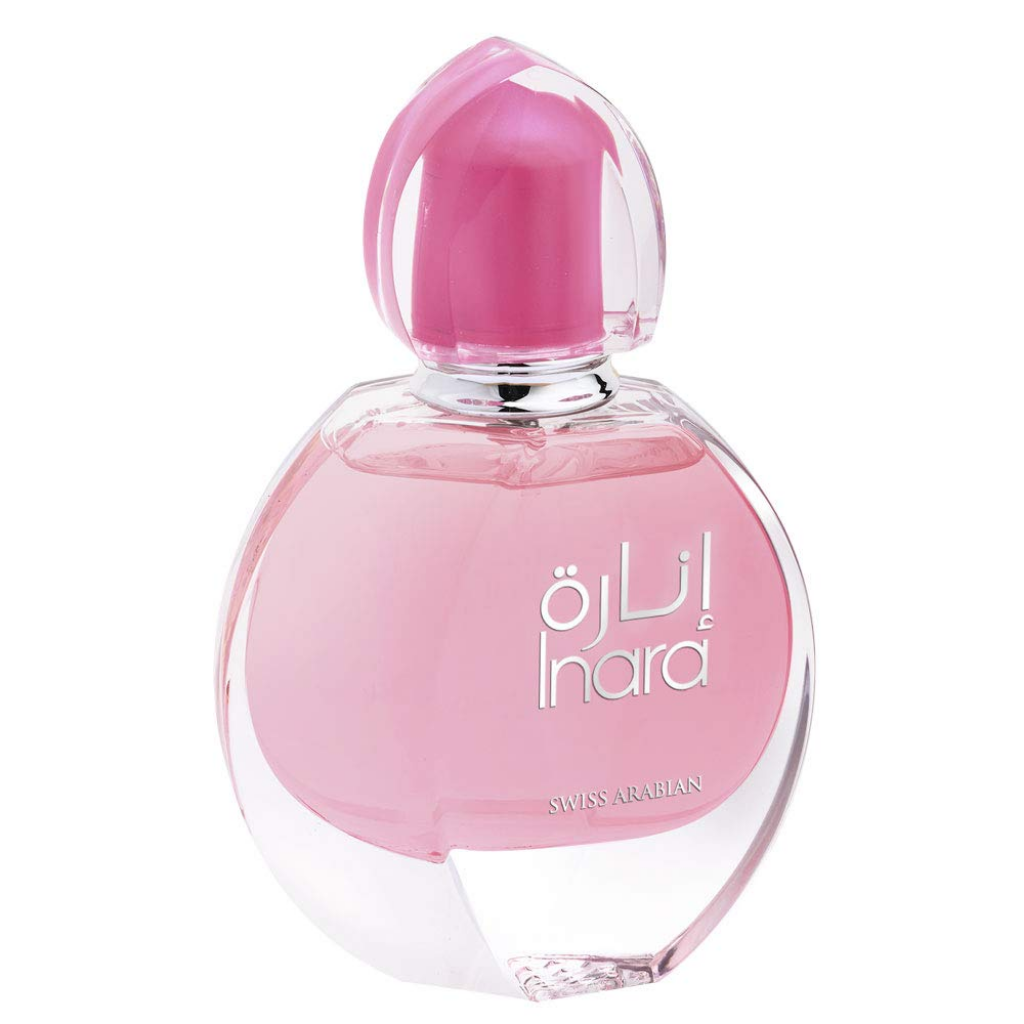 Swiss Arabian Inara EDP for Women in 55 ML bottle with pouch, showcasing elegant packaging and floral fragrance notes.