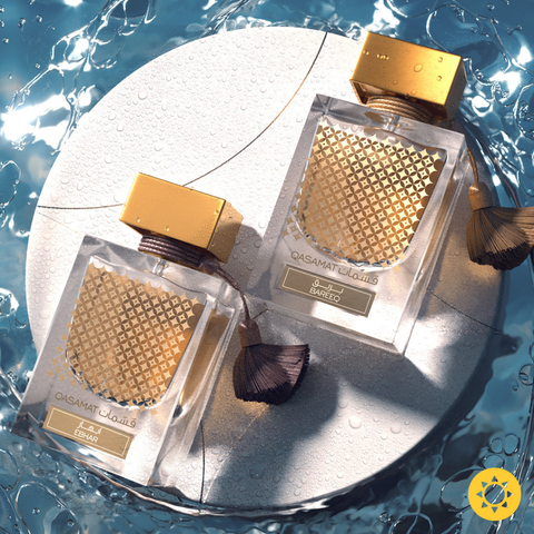 Rasasi Qasamat Ebhar EDP perfume bottle with velvet pouch, 65ML (2.1 oz), elegant glass container with black cap and gold accents