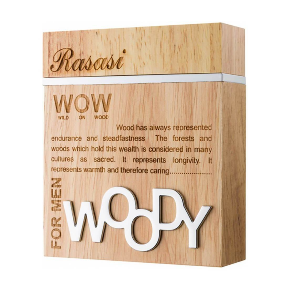 Rasasi Woody for Men EDP 60ML in velvet pouch, featuring the perfume bottle with woody scent notes and elegant packaging.