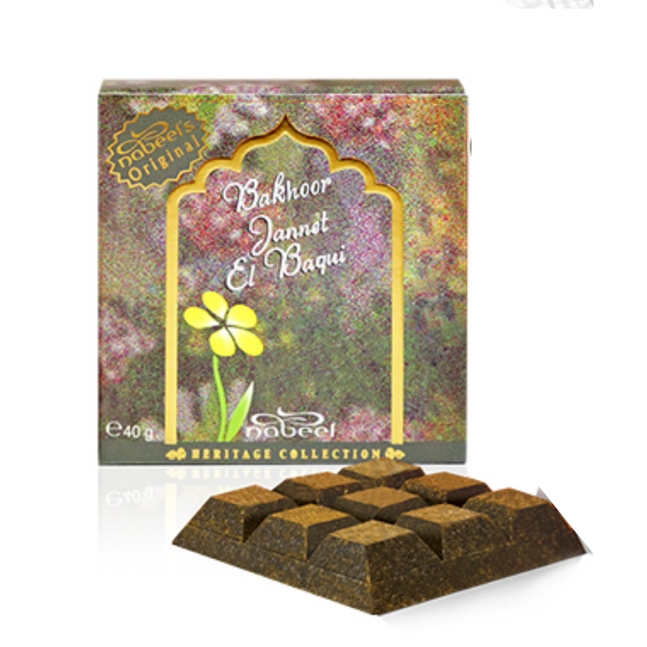Bakhoor Jannet El Baqui by Nabeel Perfumes, 40 GMS, featuring fragrant burnt wood and aromatic spices in a decorative container.