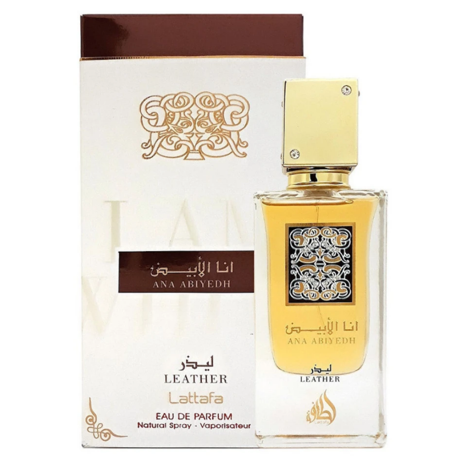 Lattafa Ana Abiyedh perfume gift set with two 60ml EDP bottles, featuring leather and rouge scents in a magnetic box.