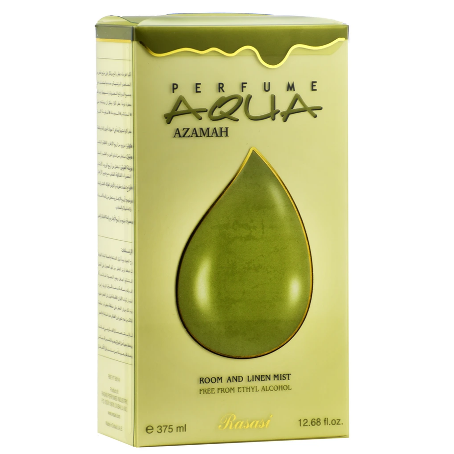 Aqua Azamah air freshener by Rasasi in 375ml bottle, displayed with matching pouch, showcasing elegant packaging and branding.
