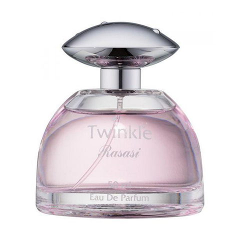 Rasasi Twinkle for Women EDP 50ML in a velvet pouch, showcasing the elegant perfume bottle and luxurious packaging.