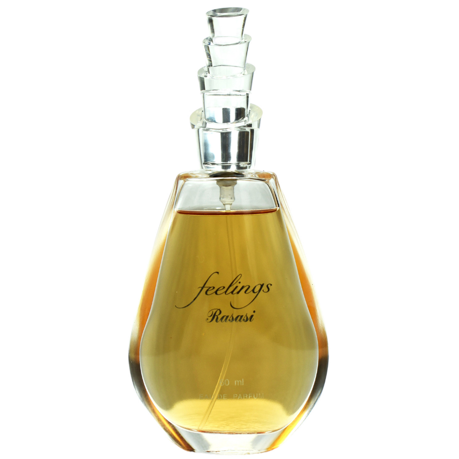 Rasasi Feelings for Women EDP 60ML bottle with pouch, showcasing elegant perfume bottle and packaging.