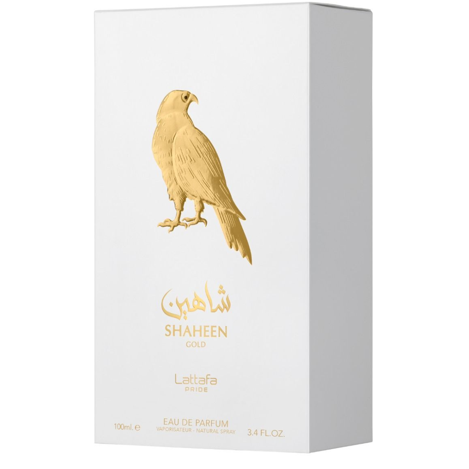 Lattafa Pride Shaheen Gold Eau de Parfum spray 100ml bottle, elegant gold packaging, showcasing the luxurious fragrance.