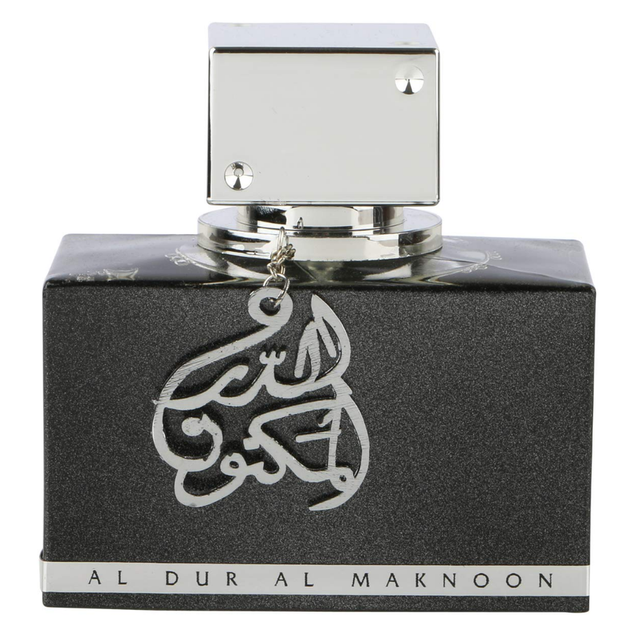 Lattafa Al Dur Al Maknoon Silver for Men EDP 100ML with velvet pouch, featuring sleek silver bottle and elegant packaging.