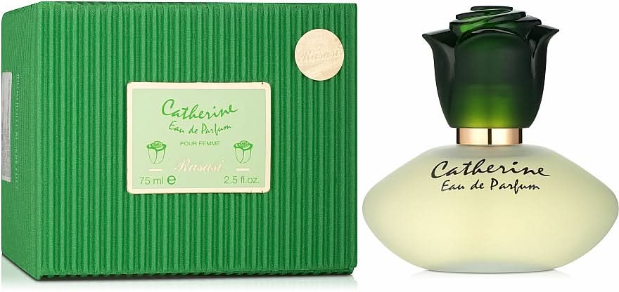Rasasi Catherine for Women Eau De Parfum 75ML bottle, elegant glass container with floral and fruity fragrance notes.