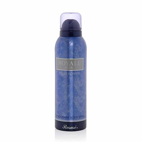 Rasasi Royale Blue men perfume EDP and deodorant bundle, 75ml and 200ml bottles, featuring sleek packaging and branding.