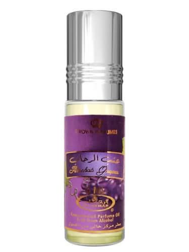 Al Rehab Grapes 6ml concentrated perfume oil in a small glass bottle with a black cap, showcasing the product label.