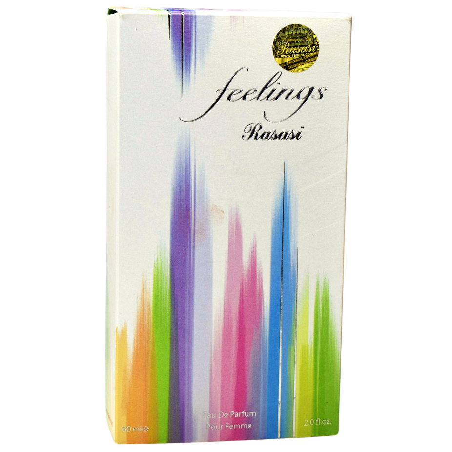 Rasasi Feelings for Women 60 ML Eau De Parfum bottle with pouch, elegant floral fragrance for women.