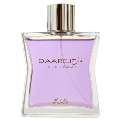 Rasasi Daarej for Women Eau De Parfum 100ml with pouch, featuring elegant bottle and stylish packaging.
