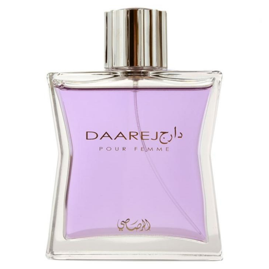 Rasasi Daarej for Women Eau De Parfum 100ml with pouch, featuring elegant bottle and stylish packaging.
