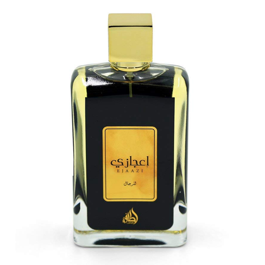 Lattafa Ejaazi EDP 100ML fragrance bottle with velvet pouch, showcasing elegant packaging and luxurious design.
