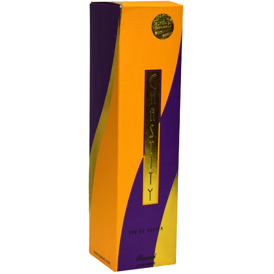 Rasasi Chastity Women’s EDP Eau De Parfum 100ml with pouch, featuring a sleek perfume bottle and elegant packaging.