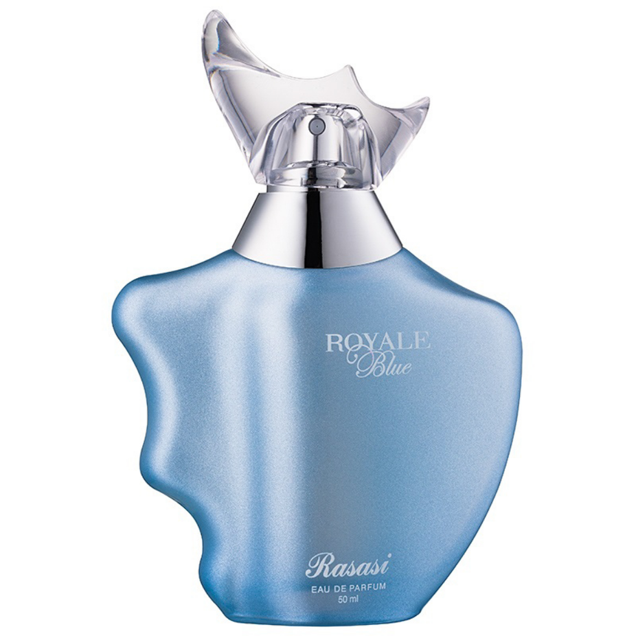 Royale Blue for Women Eau De Parfum by Rasasi in 50ml bottle, showcasing elegant packaging and the perfume's sleek design.