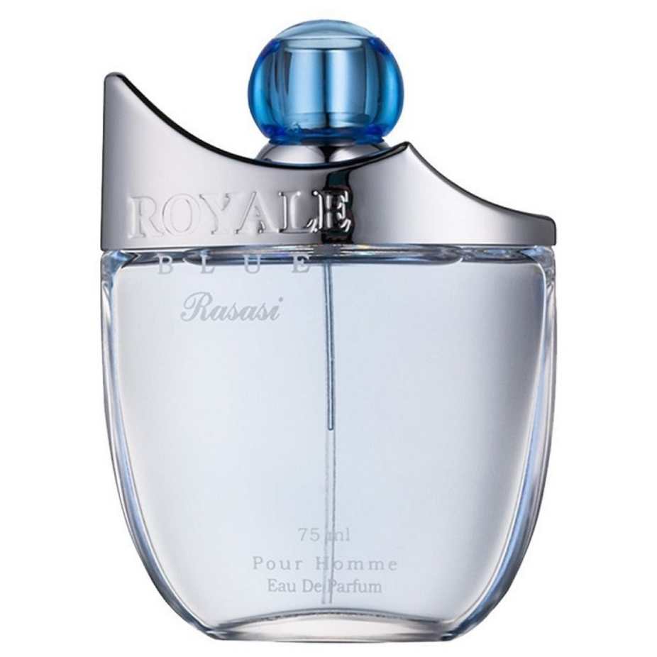 Rasasi Royale Blue Men EDP 75ml with velvet pouch, showcasing the elegant blue bottle and luxurious packaging.