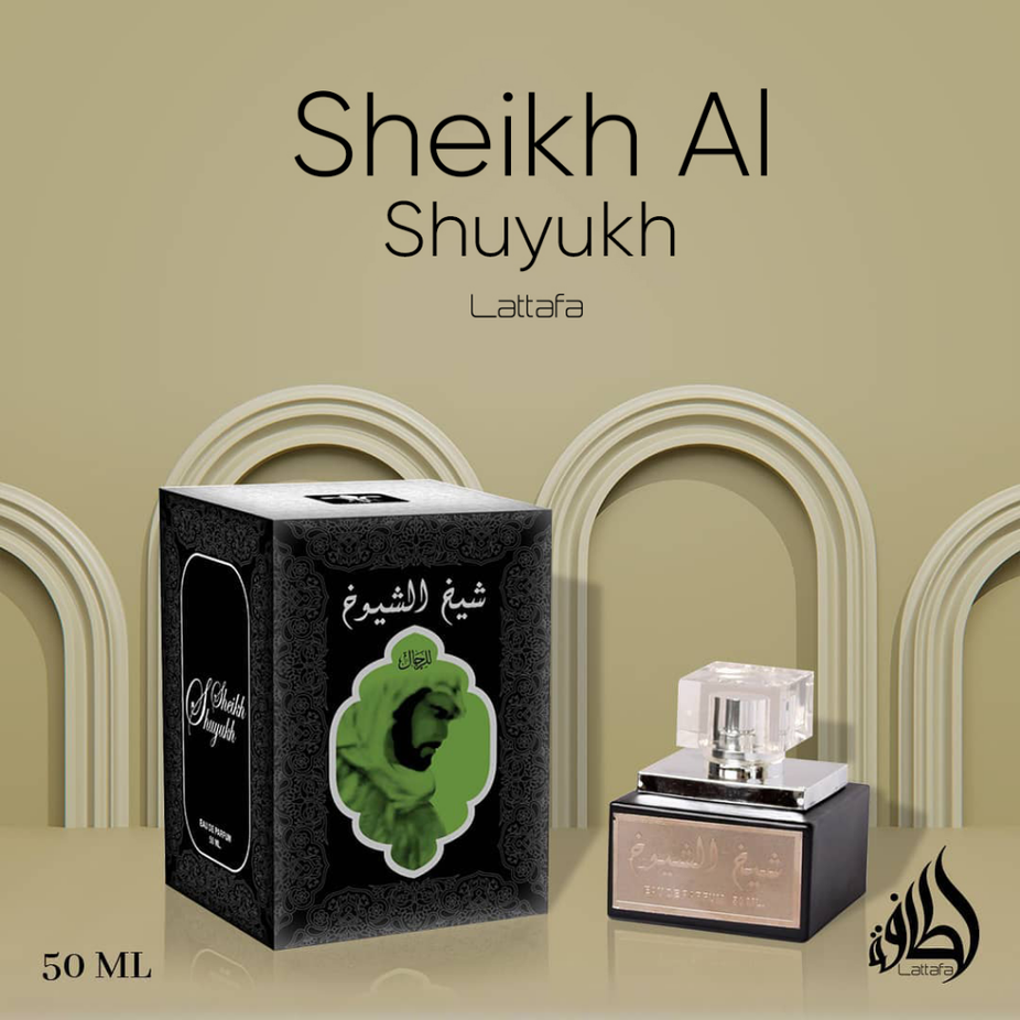 Lattafa Sheikh Al Shuyukh Black EDP spray with perfumed deodorant, 50ml, featuring a long-lasting, rich woody scent.