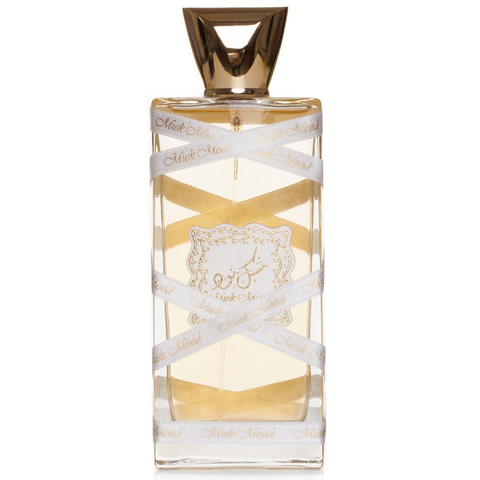 Lattafa Musk Mood EDP 100ML bottle with velvet pouch, featuring elegant glass perfume bottle with floral and musky scent details.