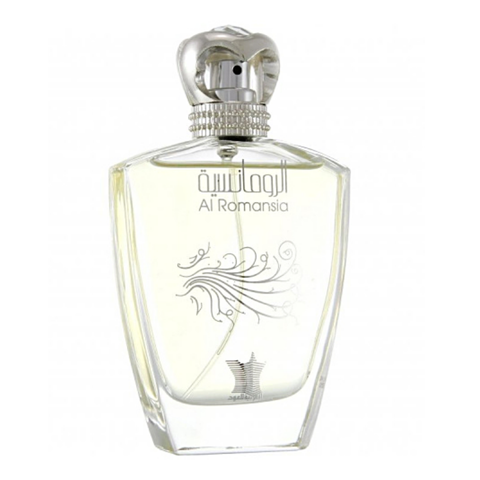 Arabian Oud Al Romansia Eau De Parfum 100ml bottle with velvet pouch, featuring elegant floral and woody fragrance details.