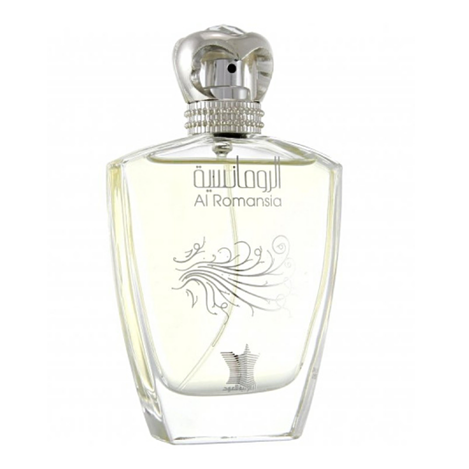 Arabian Oud Al Romansia EDP 100ml bottle with elegant velvet pouch, showcasing the luxurious fragrance packaging.