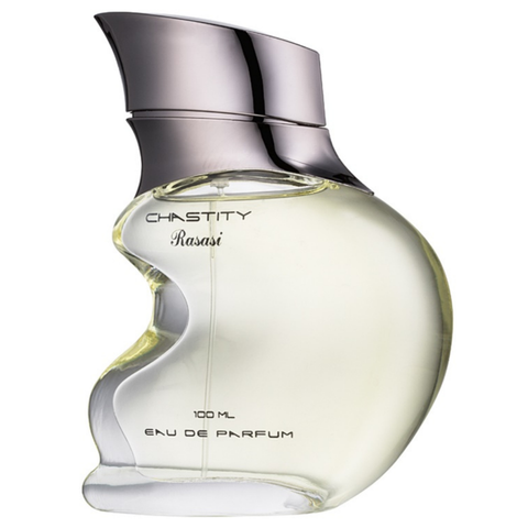 Rasasi Chastity for Men Eau De Parfum 100ml with pouch, featuring a sleek bottle and elegant packaging.
