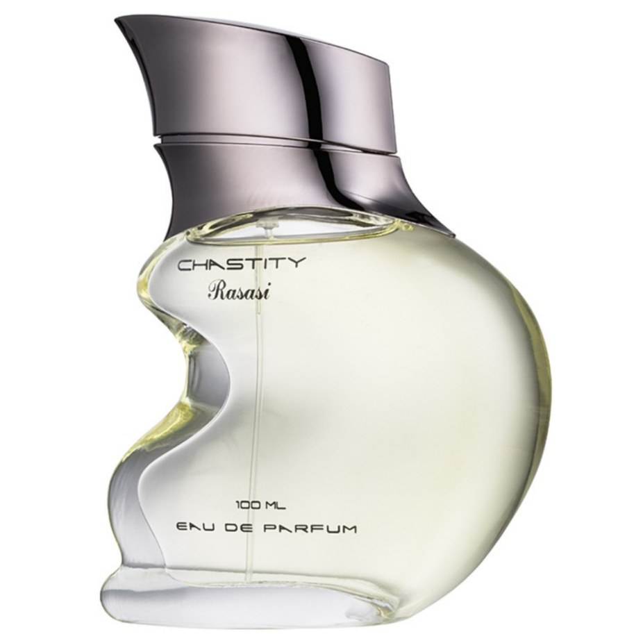 Rasasi Chastity for Men EDP 100ml with pouch, featuring a sleek glass perfume bottle and elegant packaging.