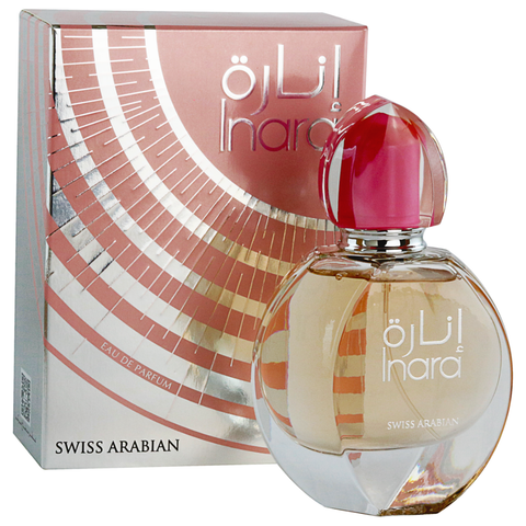 Inara Eau de Parfum for Women by Swiss Arabian, 55 ML bottle with pouch, elegant fragrance bottle with floral design.